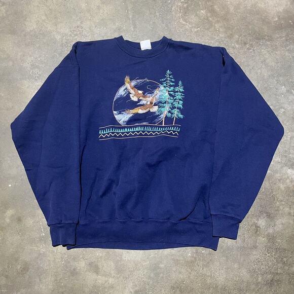 Vintage 90s Nature Eagles Outdoors Navy Boxy Sweatshirt - Picture 1 of 3